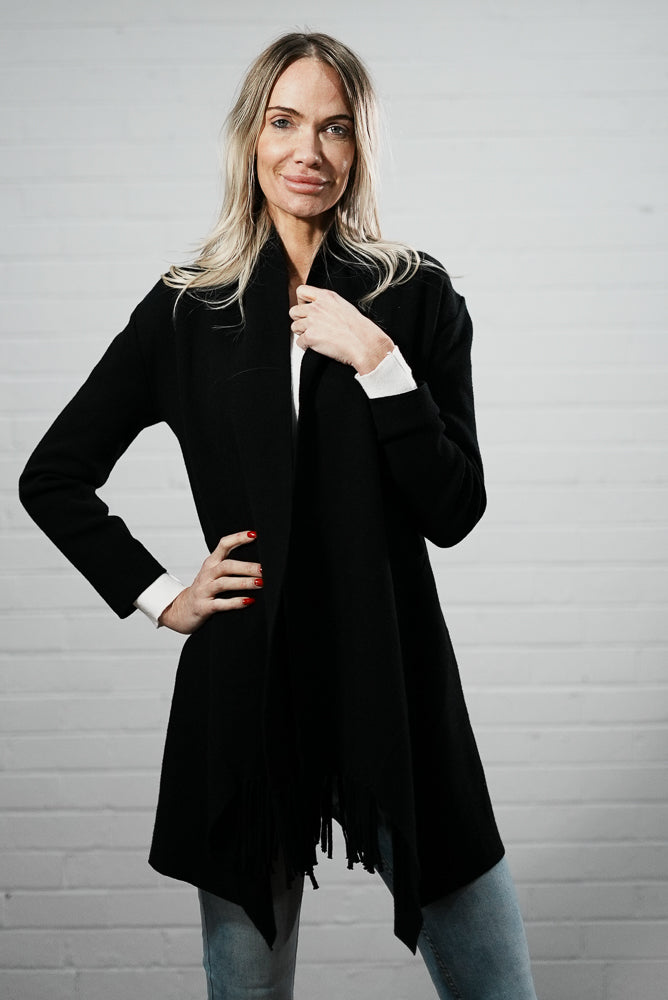 Black with fringe hemline long cardigan FRINGE LONG CARDI
