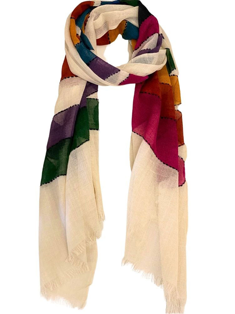 White and multicolour graphics printed scarf | Runway Secrets