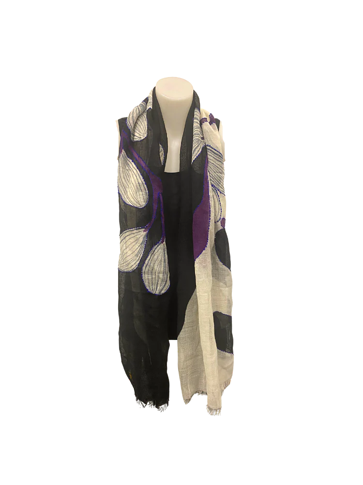 Black, white and purple printed and embroidered scarf | Runway Secrets