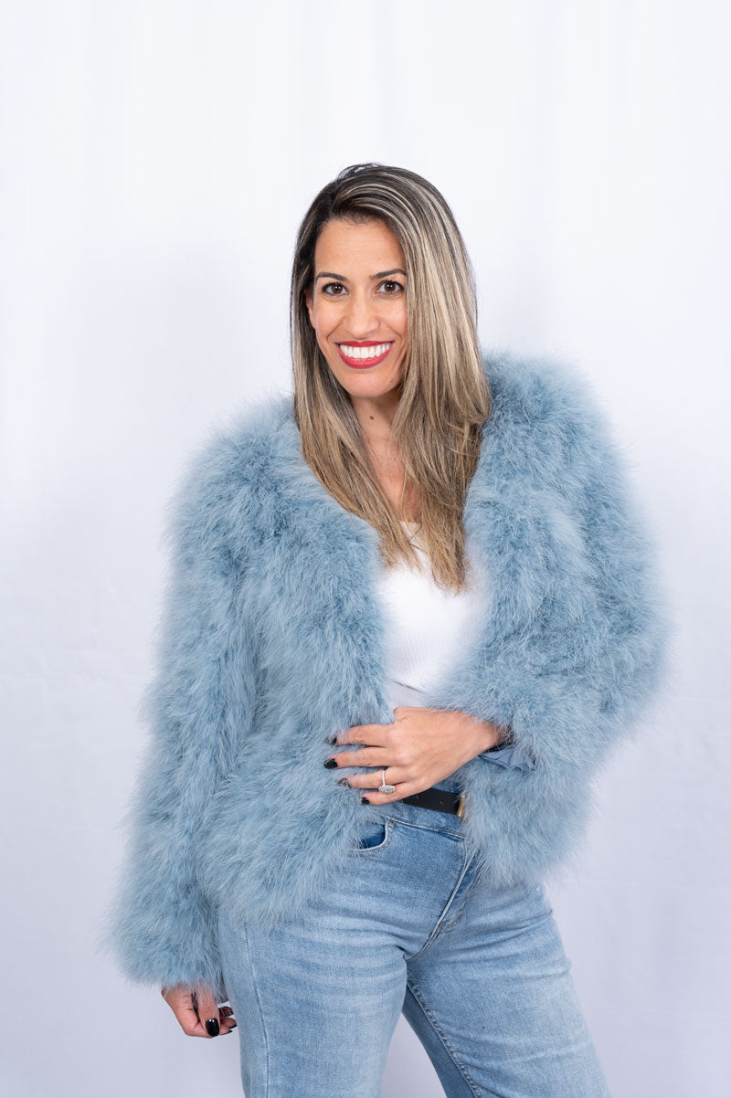 blue feather jacket | runway secrets
