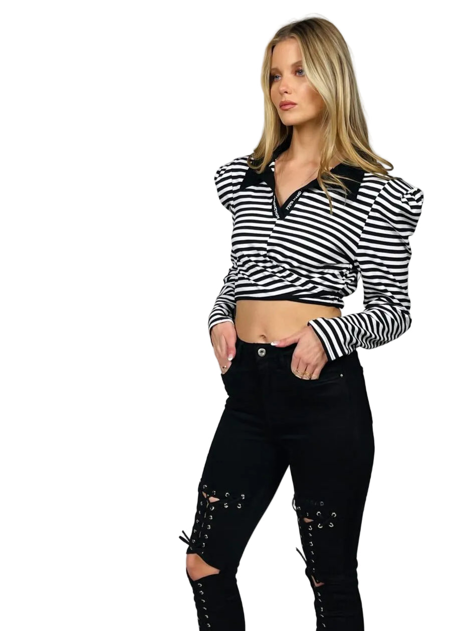Long Sleeve Black Ripped Jeans With White Stripe Stripe Long