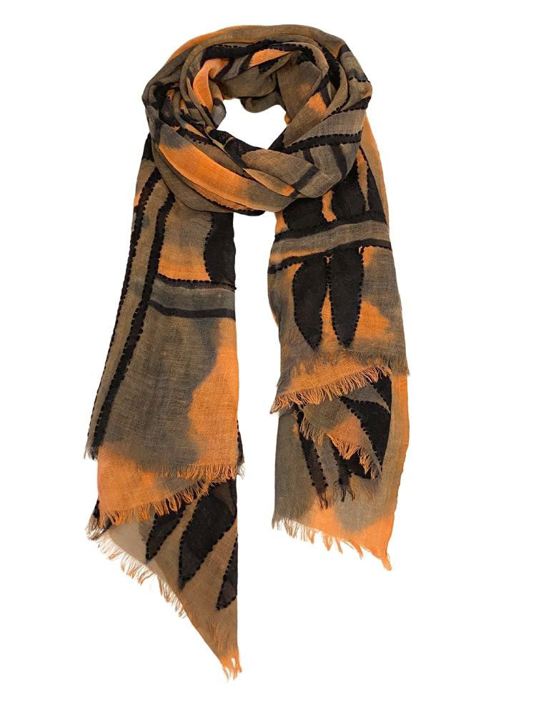 Brown and burnt orange printed fine wool scarf | Runway Secrets