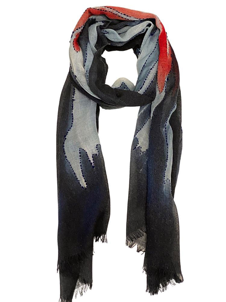 Grey and red printed fine wool scarf | Runway Secrets