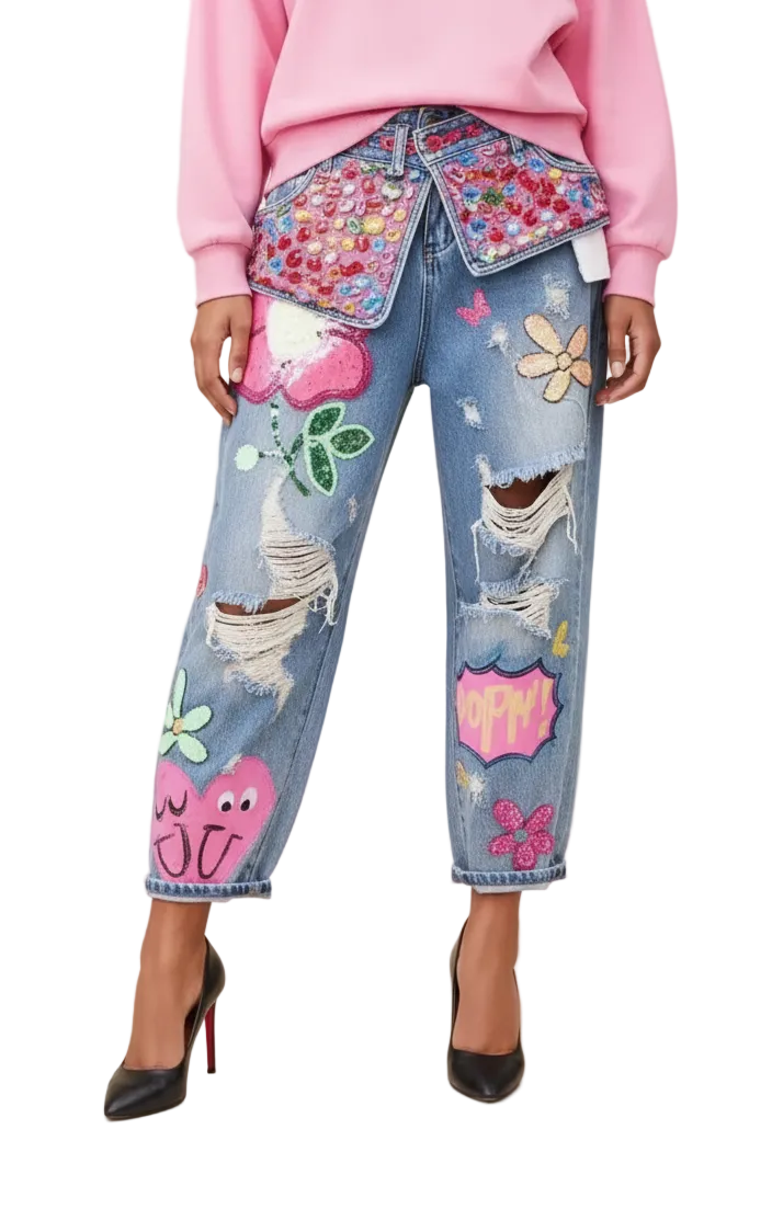 Graffiti Pop Art Ripped Jeans BY RUNWAY SECRETS