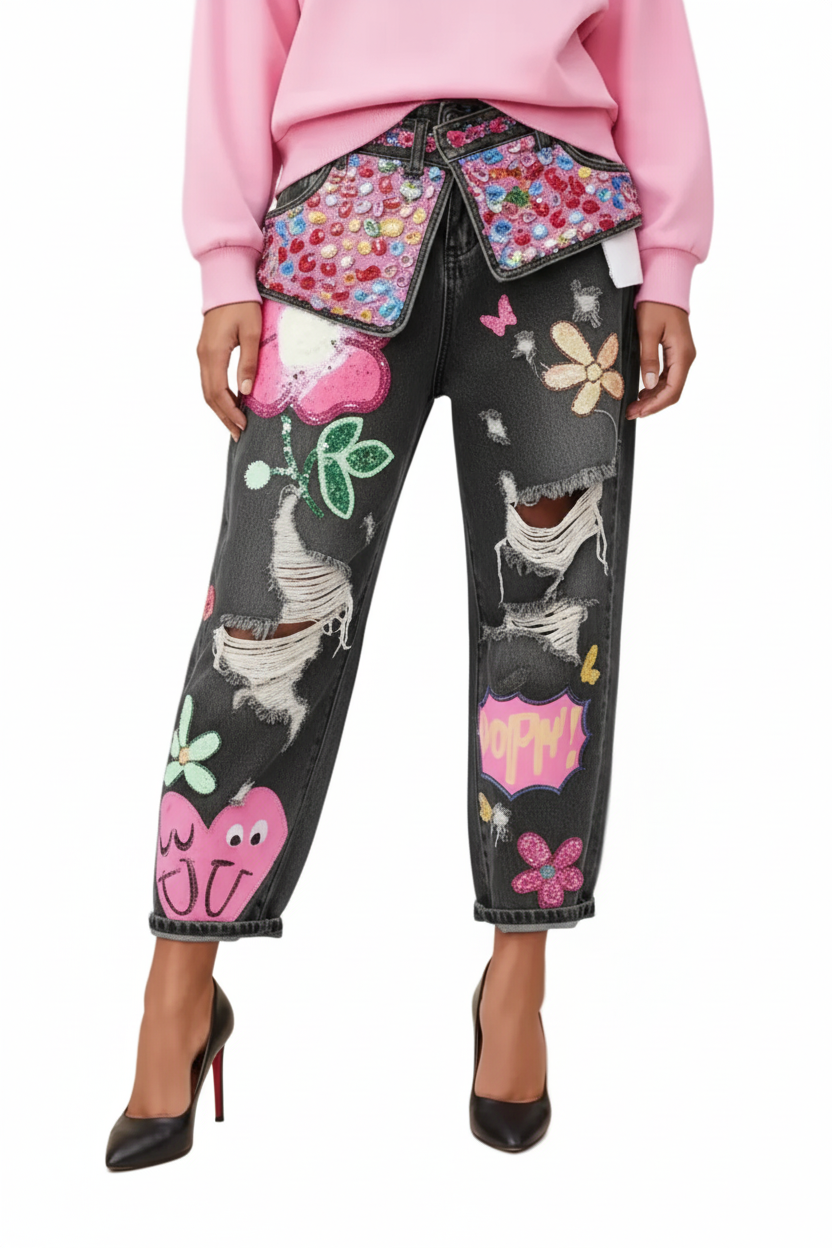 Graffiti Pop Art Ripped Jeans BY RUNWAY SECRETS