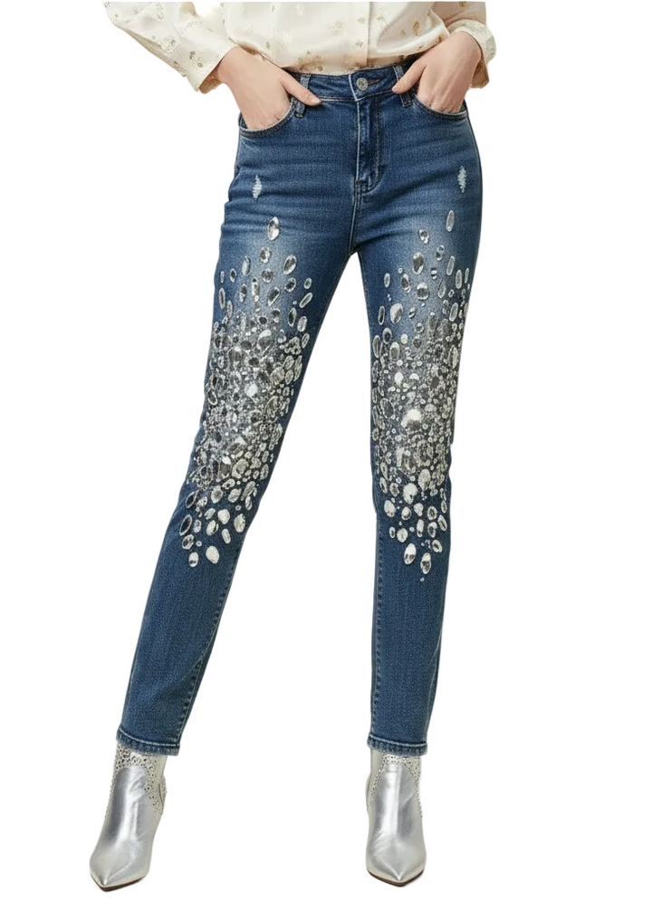 Crystal Cascade Denim Jeans BY RUNWAY SECRETS