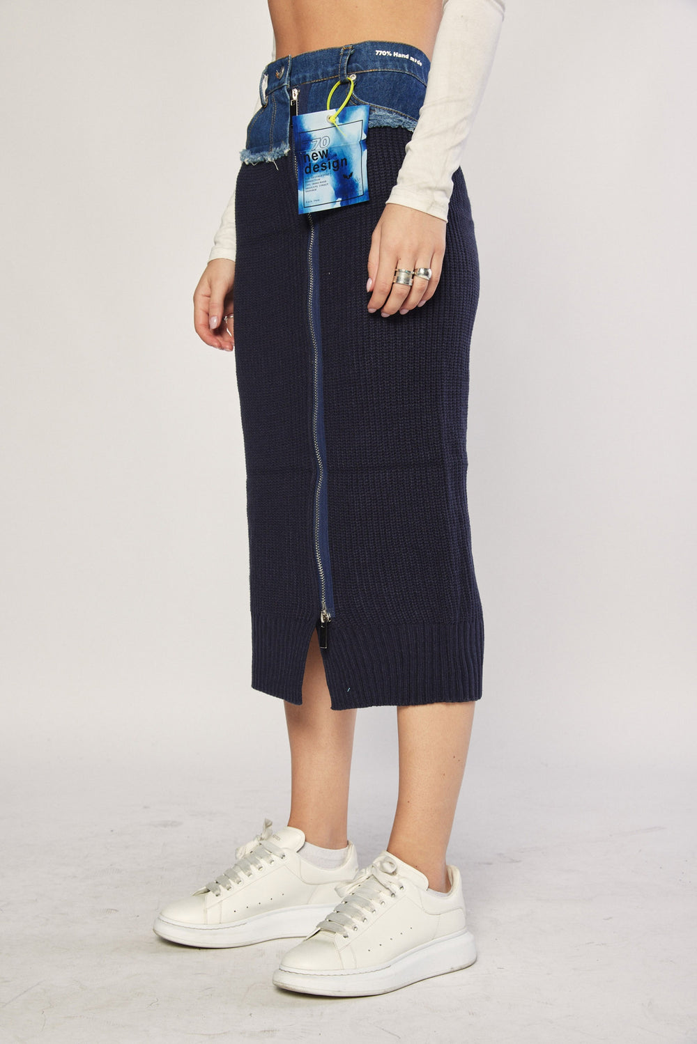 Navy Half Knit Midi Skirt at Runway Secrets