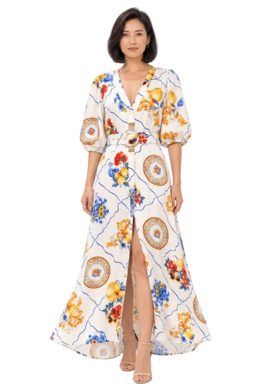 Ceravina Porcelain Print Belted Maxi Dress