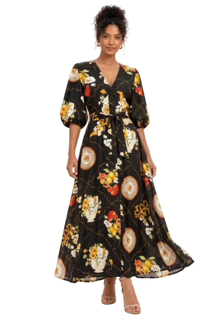Ceravina Porcelain Print Belted Maxi Dress