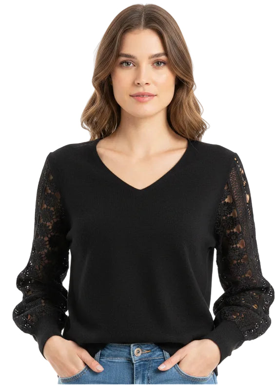 LACE SLEEVE V-NECK KNIT TOP BY CINDY & SAMI