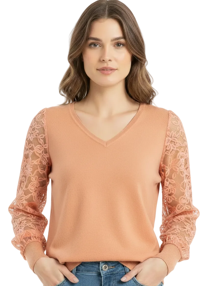 LACE SLEEVE V-NECK KNIT TOP BY CINDY & SAMI