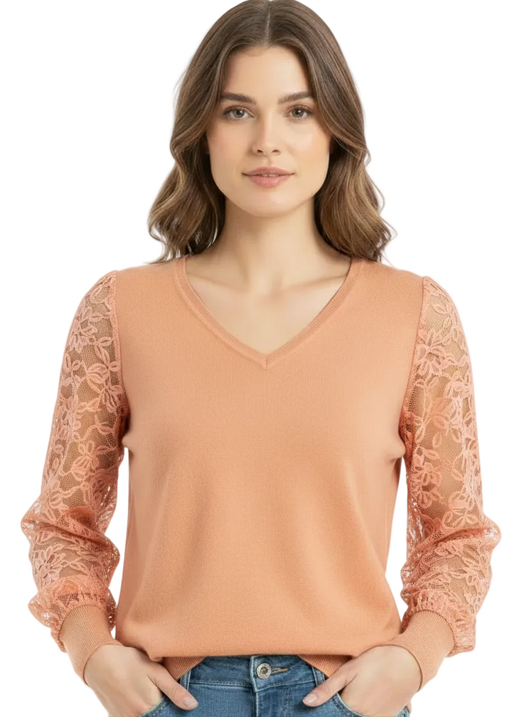 LACE SLEEVE V-NECK KNIT TOP BY CINDY & SAMI