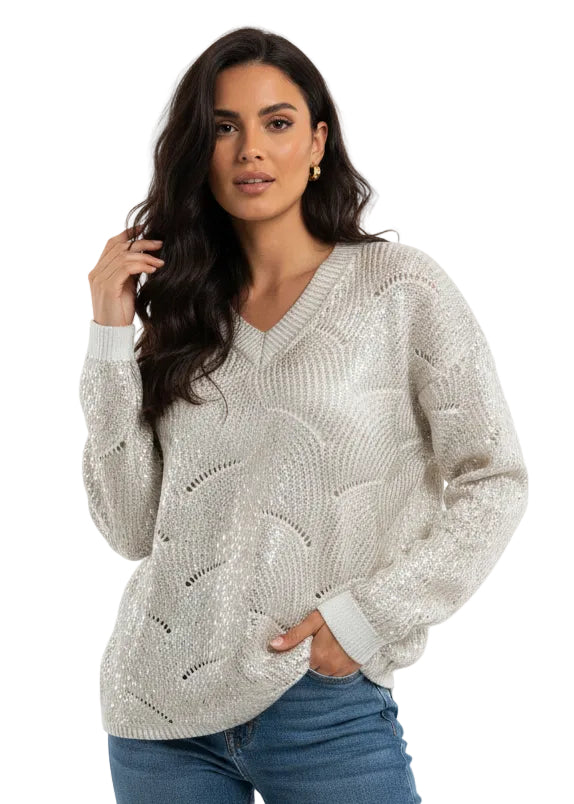 WAVE TEXTURED V-NECK LIGHTWEIGHT KNIT TOP BY TUTTI BELLA
