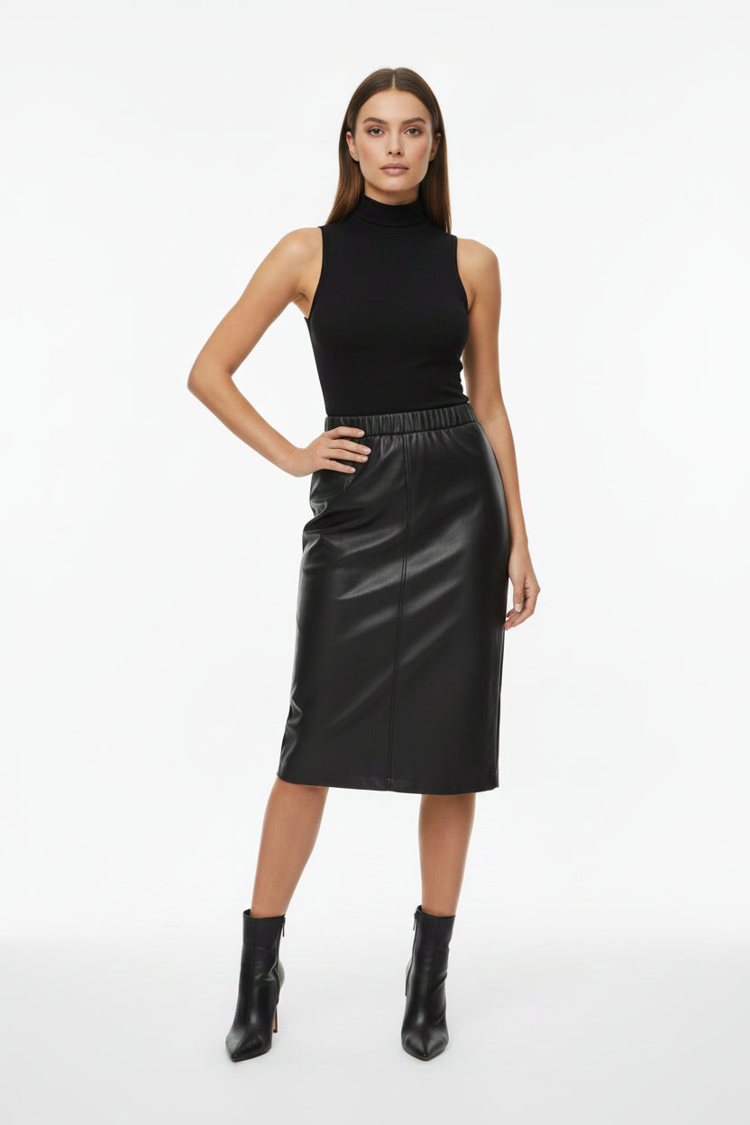 NOIR ELEGANCE VEGAN LEATHER MIDI SKIRT BY SURII