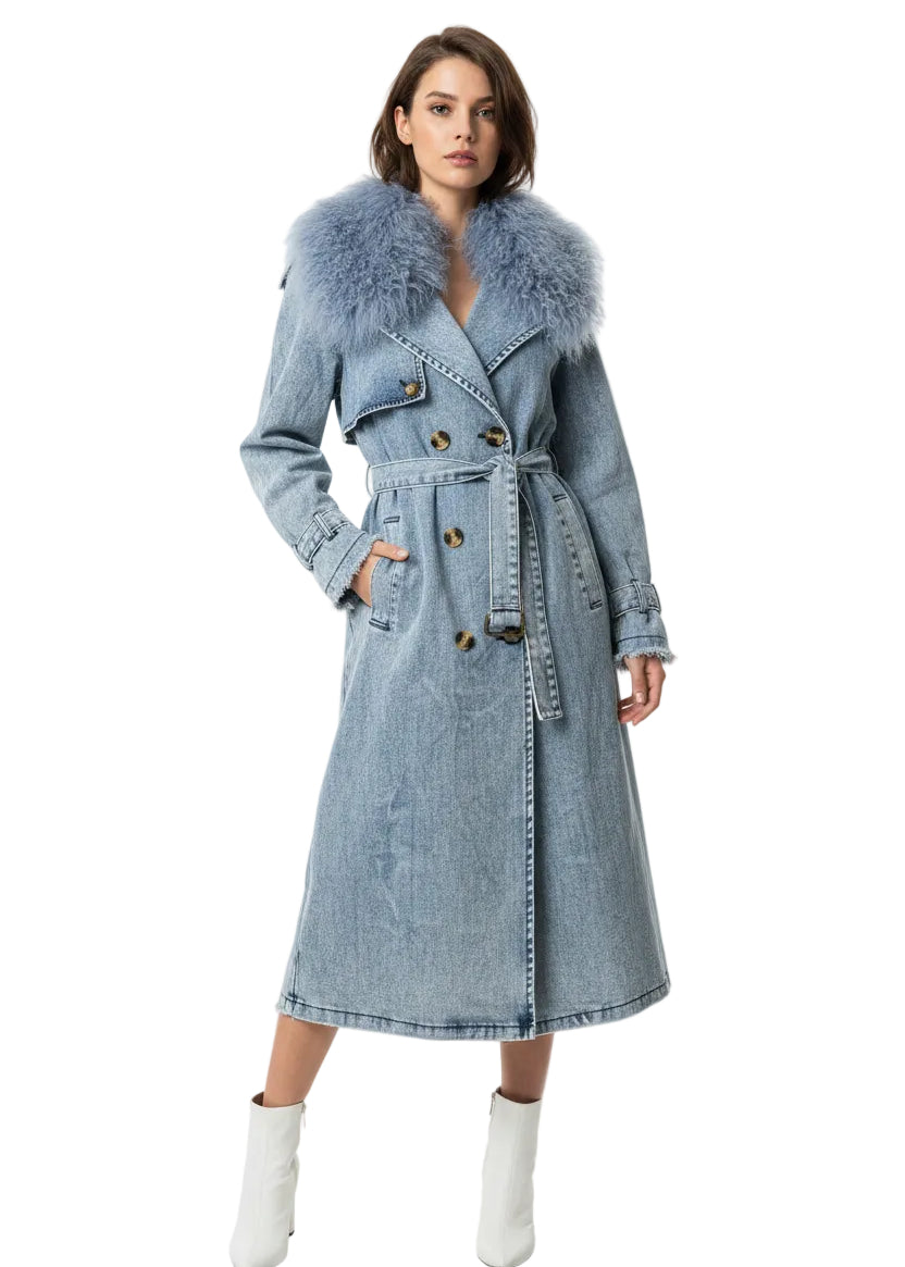 DENIM FUR COLLAR TRENCH COAT BY RUNWAY SECRETS