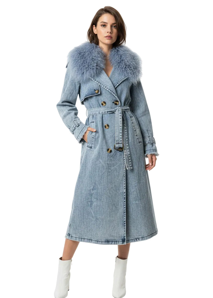 DENIM FUR COLLAR TRENCH COAT BY RUNWAY SECRETS