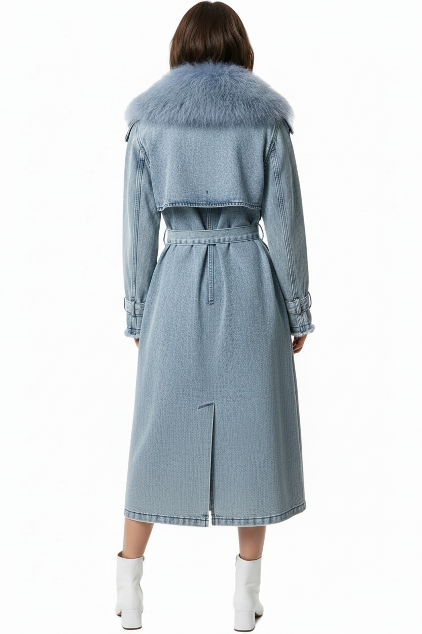 DENIM FUR COLLAR TRENCH COAT BY RUNWAY SECRETS