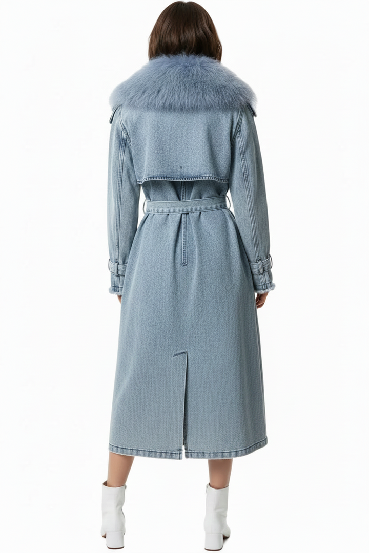 DENIM FUR COLLAR TRENCH COAT BY RUNWAY SECRETS