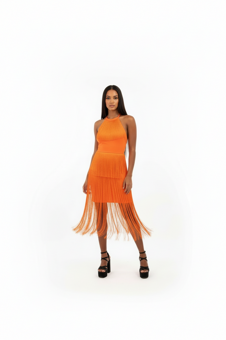 Orange halter collar fringe dress | PARTY DRESS BY RUNWAY SECRETS