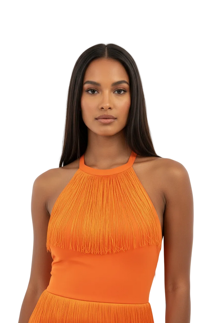 Orange halter collar fringe dress | PARTY DRESS BY RUNWAY SECRETS