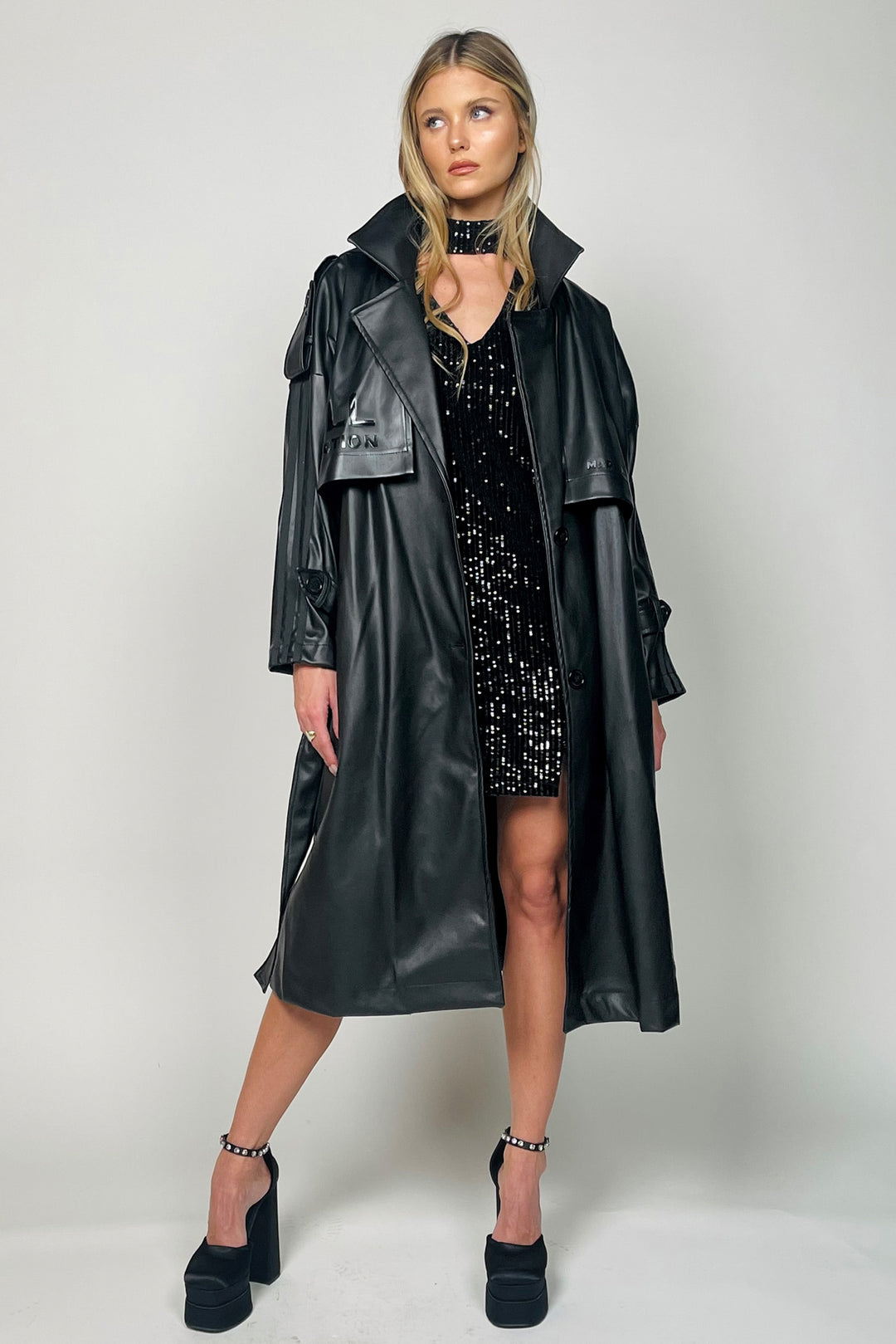 Black faux Leather Trench Coat at Runway Secrets