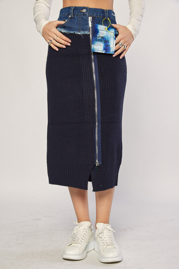 Navy Half Knit Midi Skirt at Runway Secrets