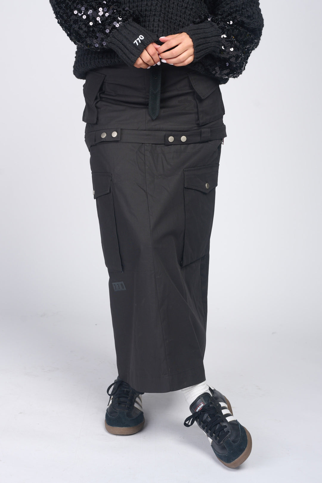 Seven Seventy black cargo maxi skirt at Runway Secrets