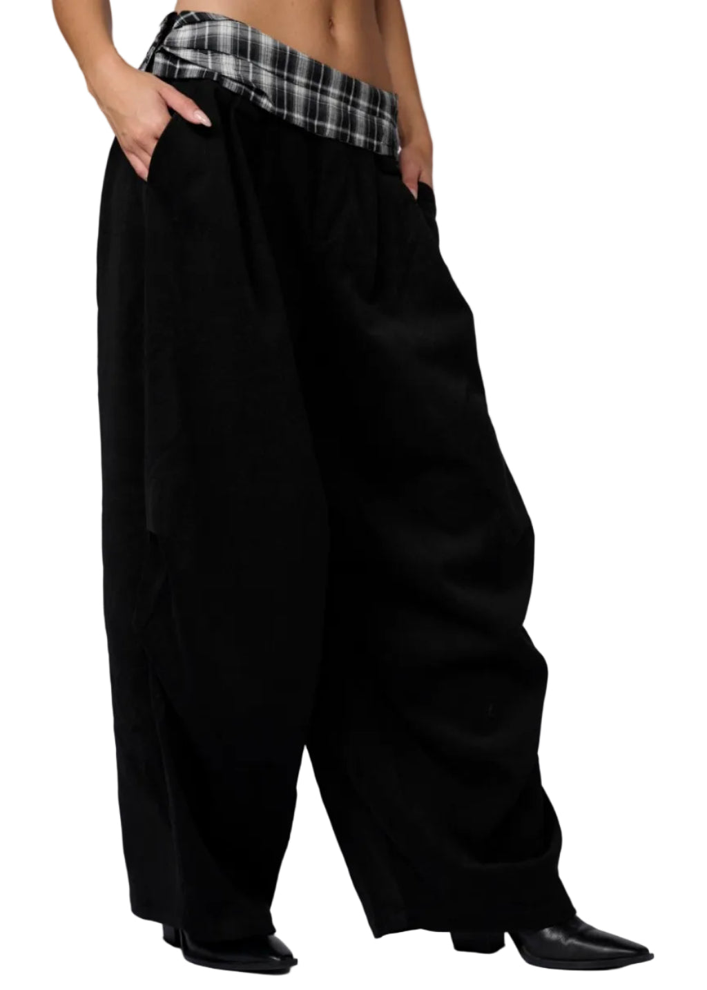 Heritage Check Waist Wide Leg Pants by Seven Seventy