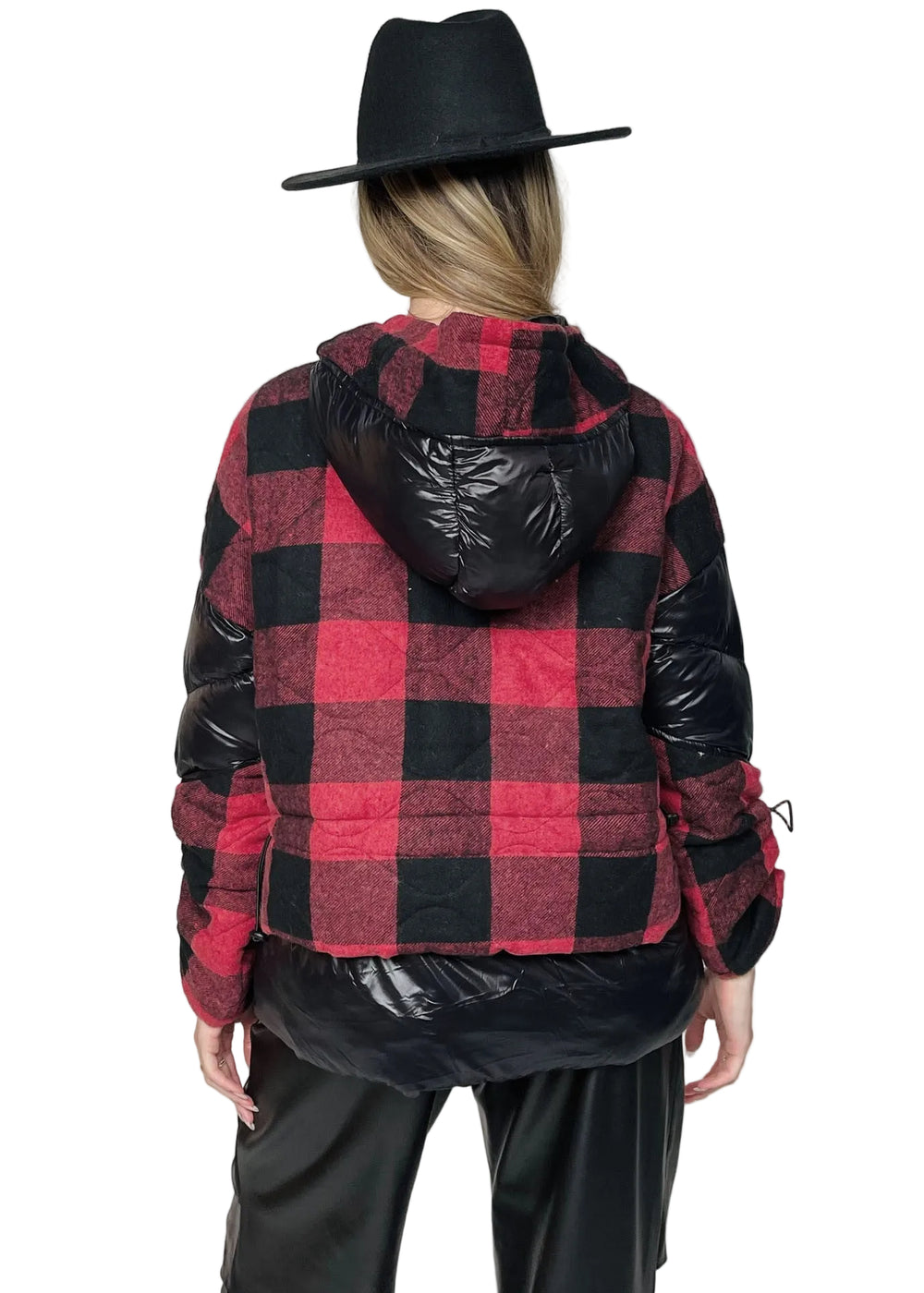 Black and red tartan puffer jacket at Runway Secrets