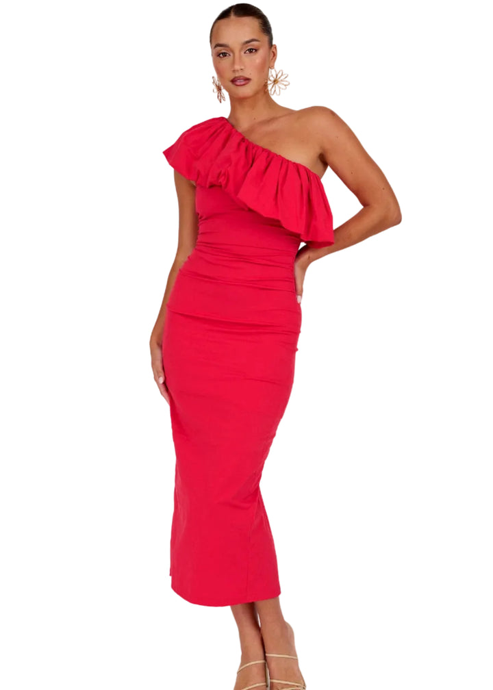 Riviera Ruffle One Shoulder Midi Dress by Sasha