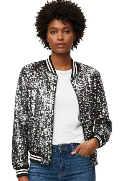 Midnight Shine Sequin Bomber Jacket by Runway Secrets