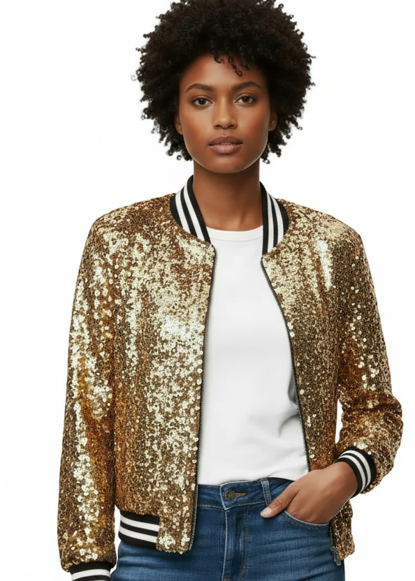 Midnight Shine Sequin Bomber Jacket by Runway Secrets