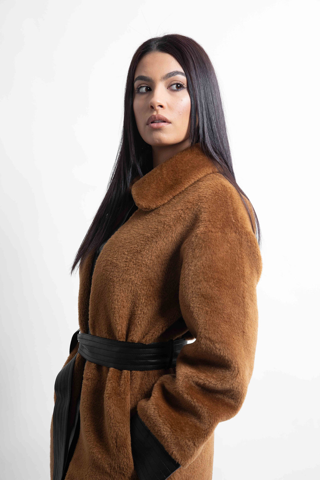 Brown faux fur long coat | ABBEY | Runway Secrets