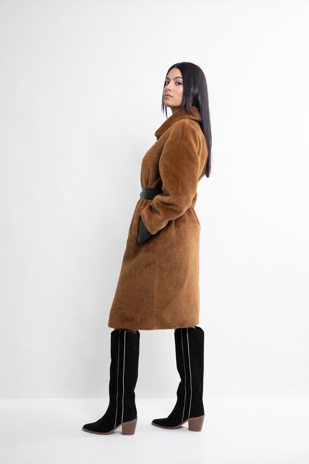 Brown faux fur long coat | ABBEY | Runway Secrets