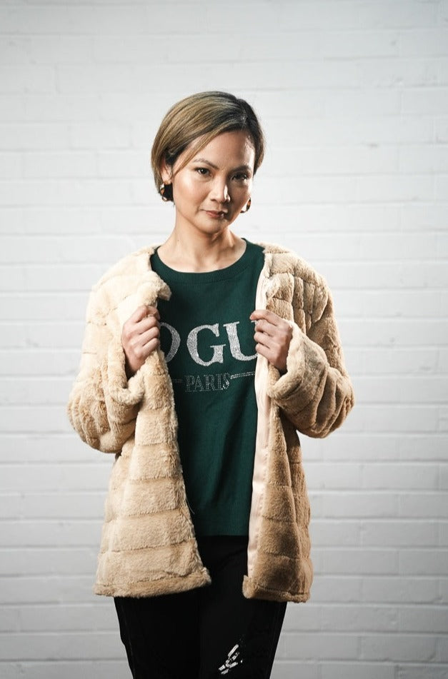 Ribbed faux fur collarless jacket Runway Secrets