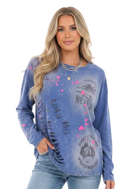 Distressed Long Sleeve Top by Seven Seventy