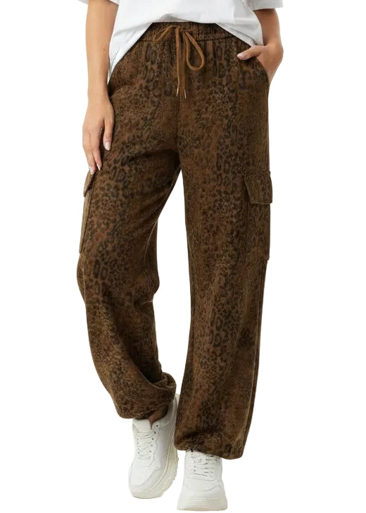 Leopard Print Cargo Track Pants by Seven Seventy