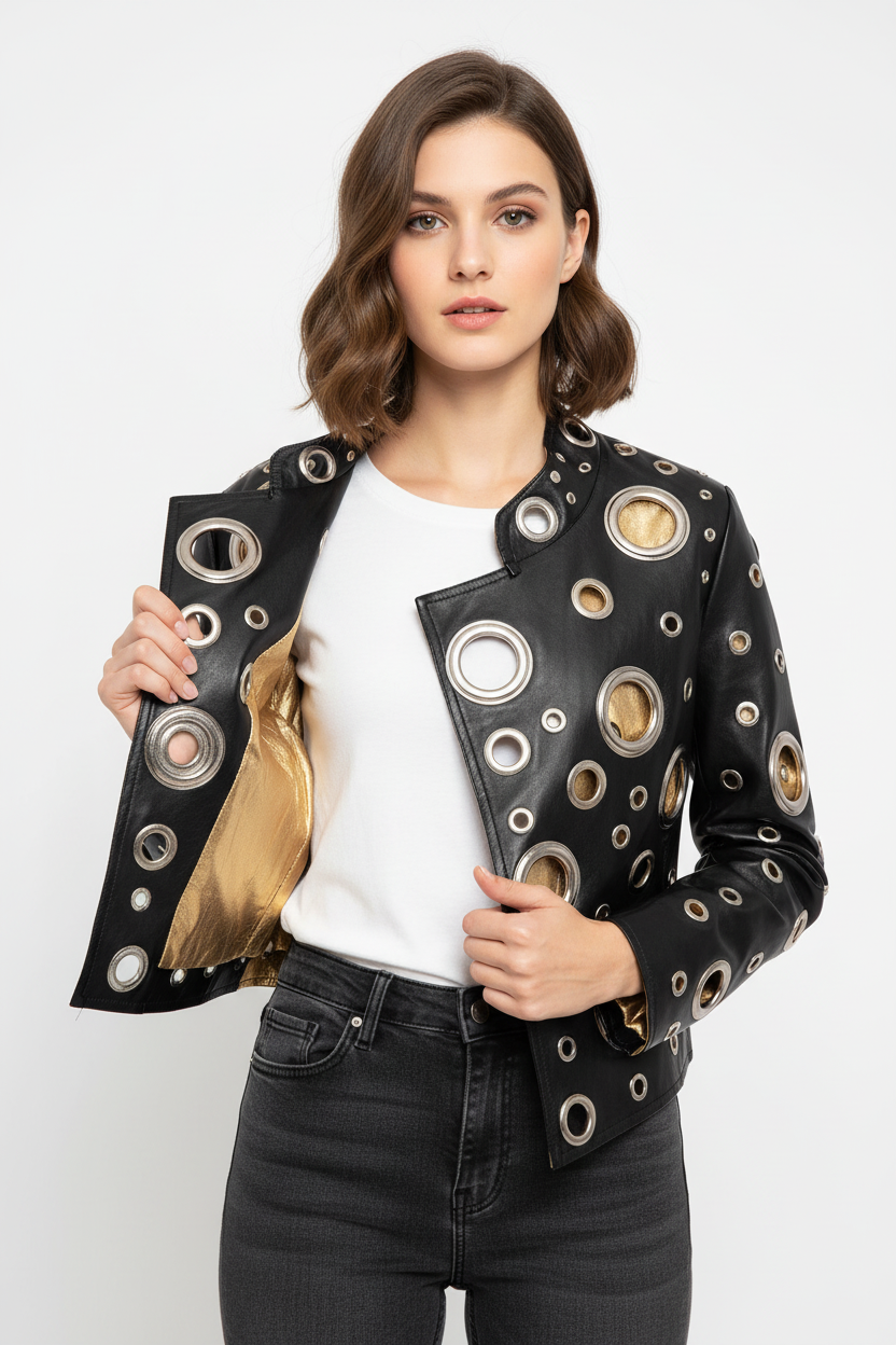Eyelet Detail Faux Leather Jacket