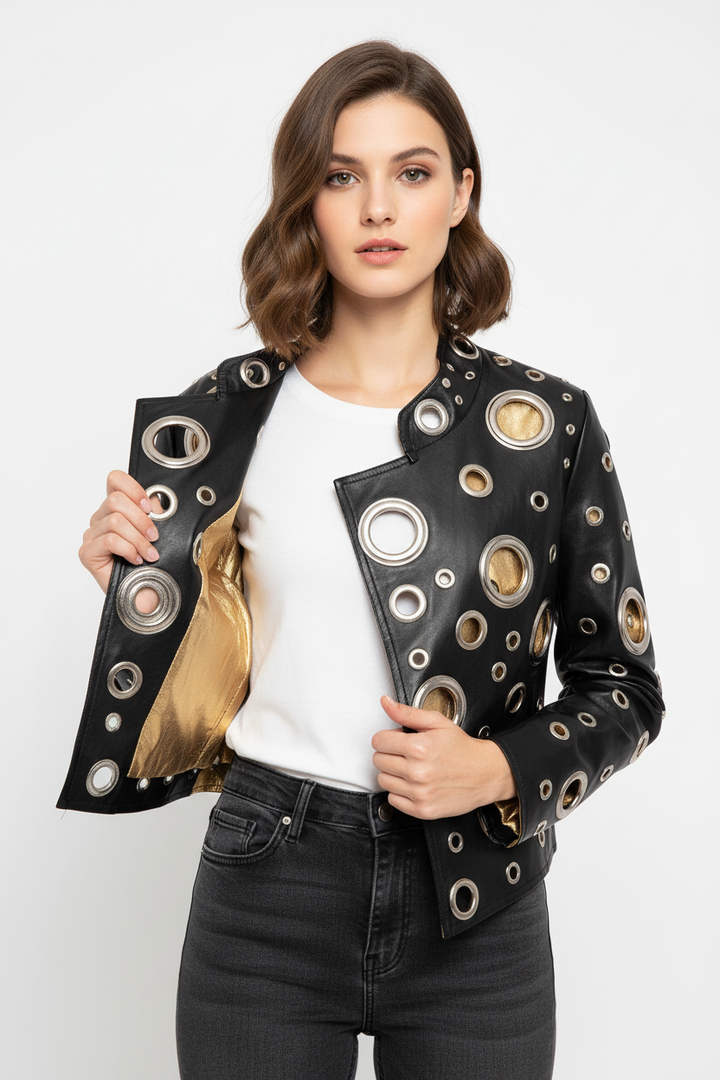 Eyelet Detail Faux Leather Jacket