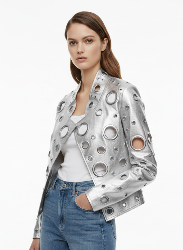 Eyelet Detail Faux Leather Jacket