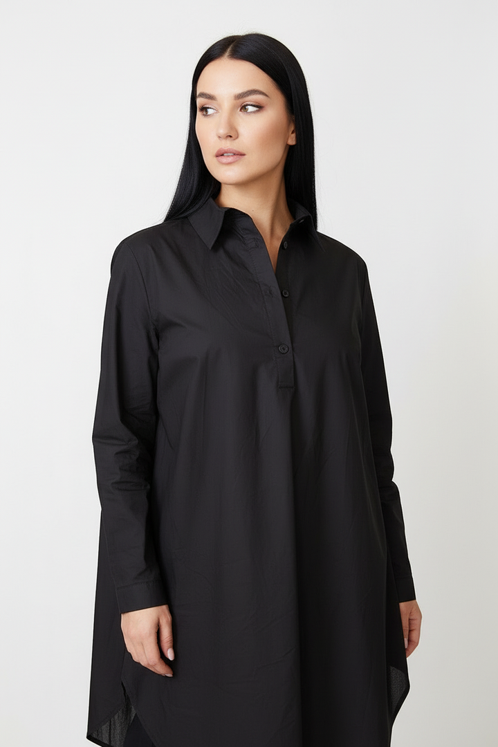 DANIELLE - HALF BUTTON LONGLINE BLACK SHIRT