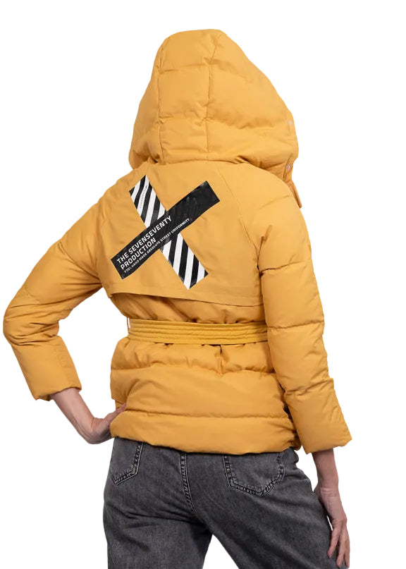 yellow Short belted puffer with hood | Runway Secrets