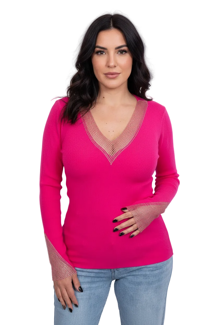 V neck with sparkle mesh fitted jumper | SLIM LINE SPARKLE KNIT BY SAMBARA