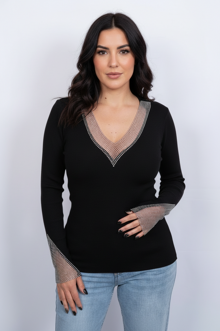 V neck with sparkle mesh fitted jumper | SLIM LINE SPARKLE KNIT BY SAMBARA