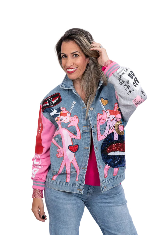 Pink panther embellished denim jacket | Runway Secrets