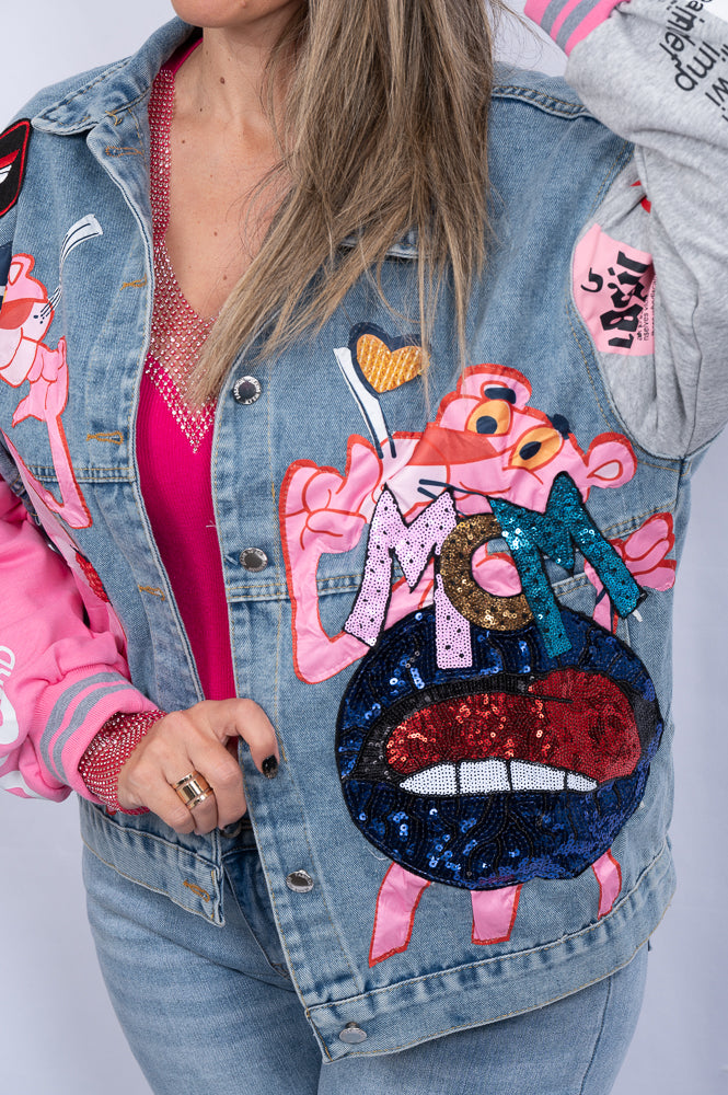 Pink panther embellished denim jacket | Runway Secrets
