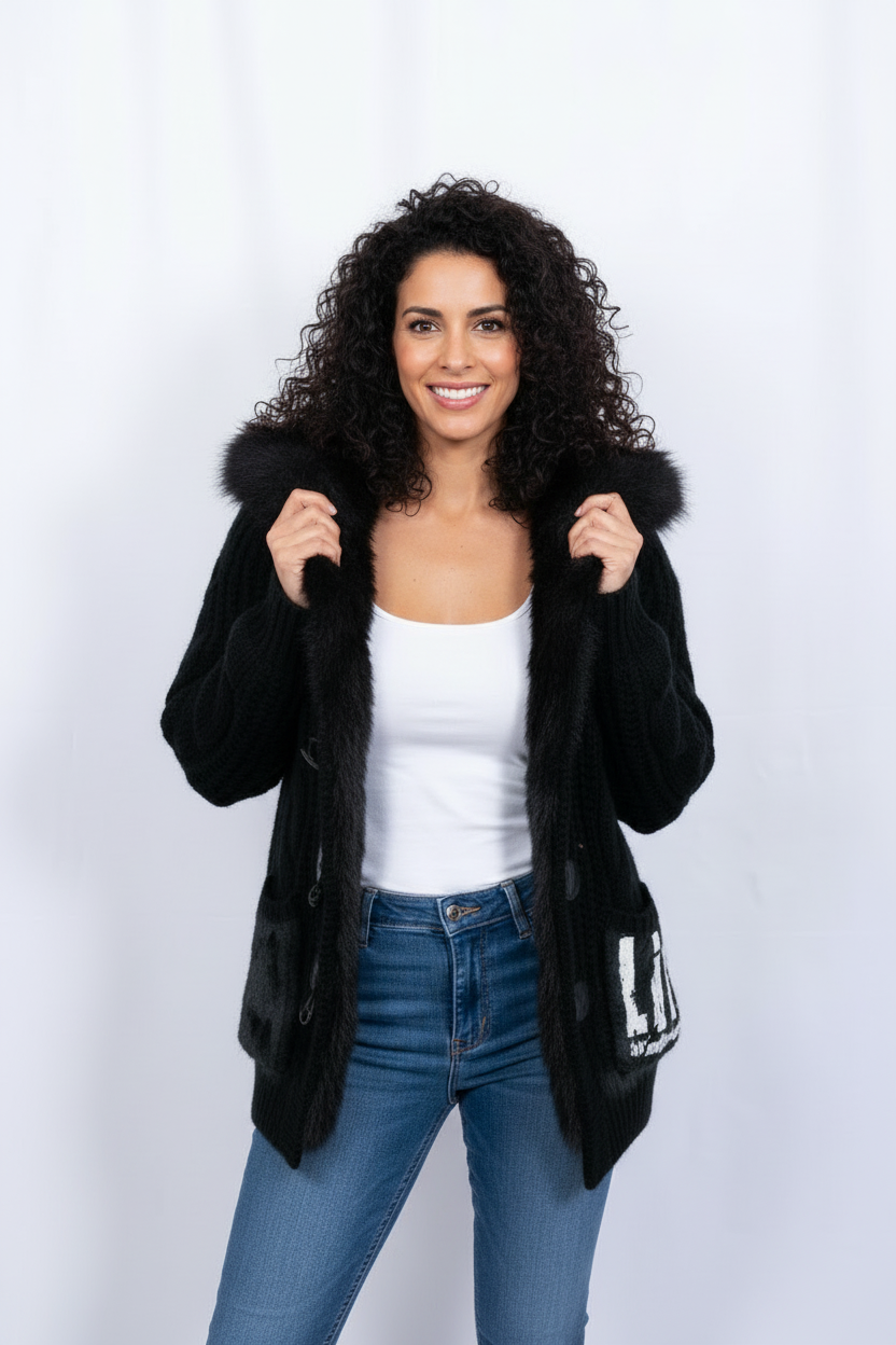 Black knitted jacket with faux fur hood | MEANING JACKET BY ANGELA