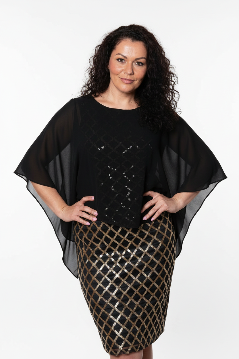 Layered short dress with argyle metallic print and mesh cape | EMPORIUM DRESS