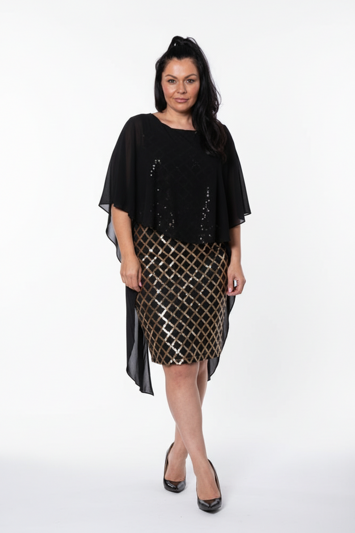 Layered short dress with argyle metallic print and mesh cape | EMPORIUM DRESS