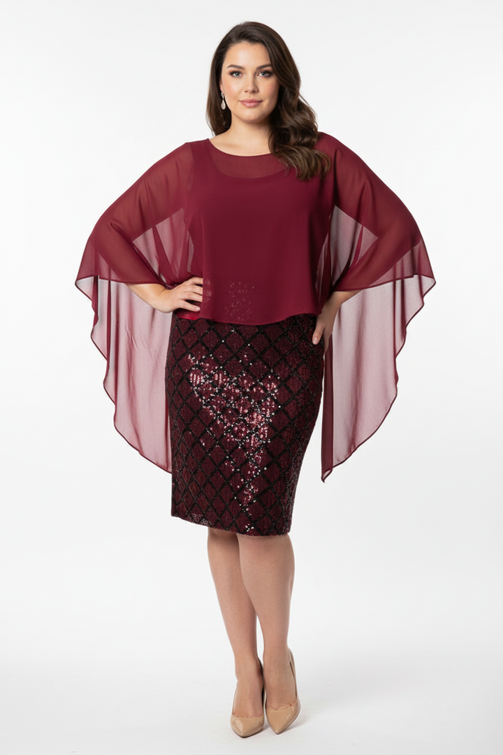 Layered short dress with argyle metallic print and mesh cape | EMPORIUM DRESS